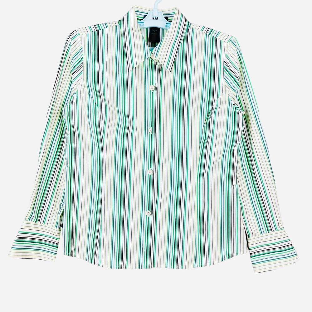 LIZ CLAIBORNE Women Blouse Size 8P Button Up Long Sleeve Striped Green/White NWT